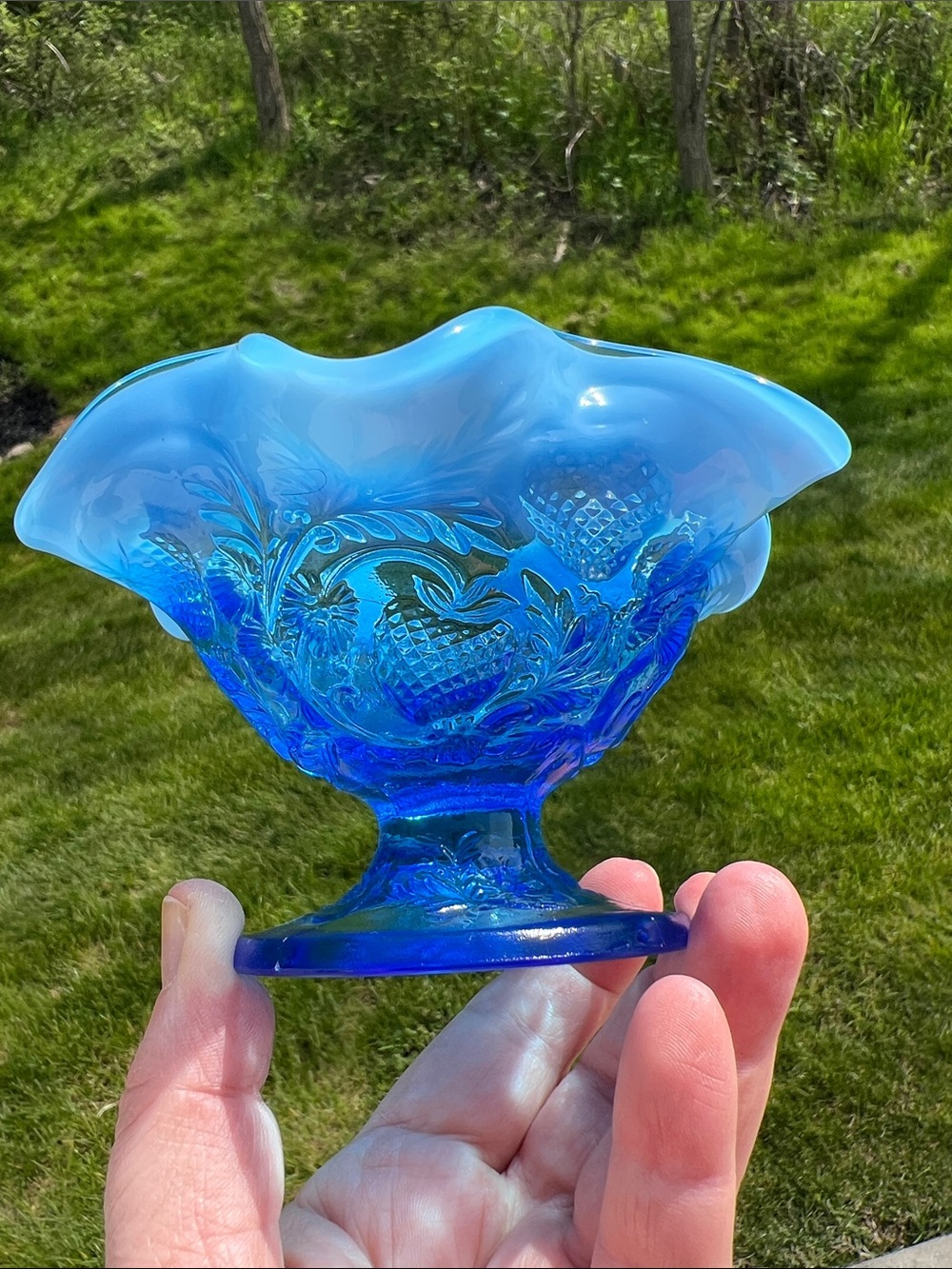 Vintage Fenton Glass Strawberry Pattern Blue Opal Whimsical Art Glass WV, USA
